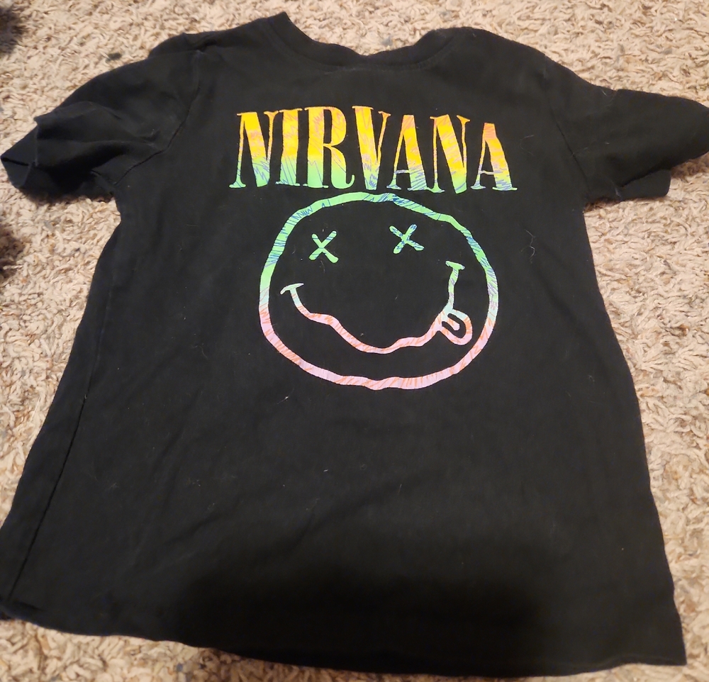 Old Navy Black Tee with Rainbow Nirvana Graphic